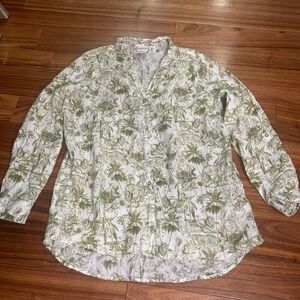 Rachel Zoe Linen Button-Up Top Tiger Print Long‎ Sleeve Shirt Large